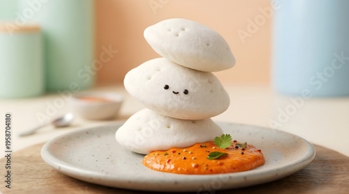 Adorable Stack of Steamed South Indian Idlis with Chutney