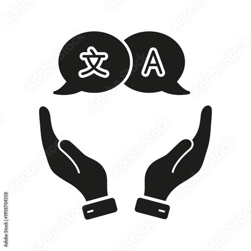Translation Support Hands Solid Icon. Language Assistance, Multilingual Communication, And Interpretation Services Silhouette Symbol. Global Understanding. Isolated Vector Illustration