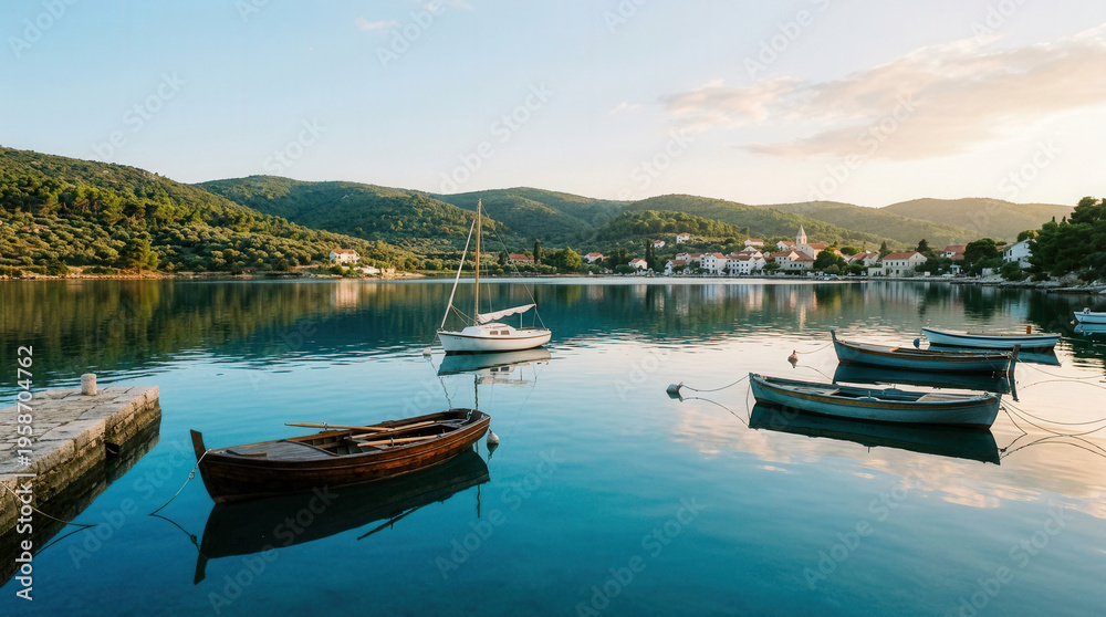 Obraz premium Serene Lake Scene with Boats, Mountains, and Calm Reflection in Nature