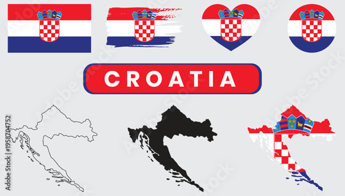 Croatia flag and map variants with symbolic illustrationsCroatia flag and map variants with symbolic illustrations