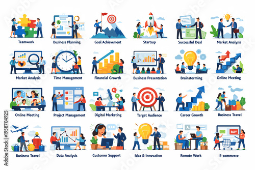 Flat vector set of business processes and workflow concepts, project management, marketing strategy, analytics and corporate teamwork illustration collection