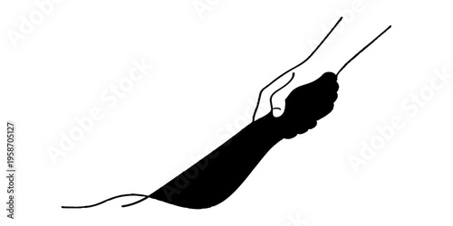 Isolated vector illustration of a mosquito insect silhouette with a needle thin line hand holding a hook like a knife on white