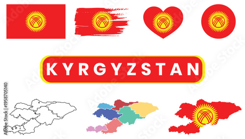 Kyrgyzstan flag and map symbols with emblemKyrgyzstan flag and map symbols with emblem