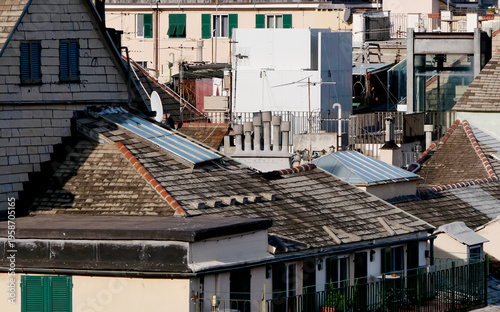 Roofs with chimneys and slate tiles