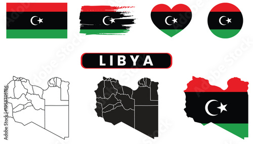 Libya flag and map icons setLibya flag and map icons set
