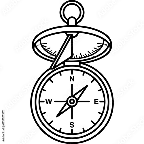Minimalistic portable pocket sundial compass outline icon