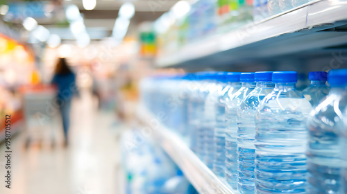 Rows of bottled water with blue caps on a supermarket shelf, a blurred person walks down the brightly lit aisle in the background, clean and fresh product