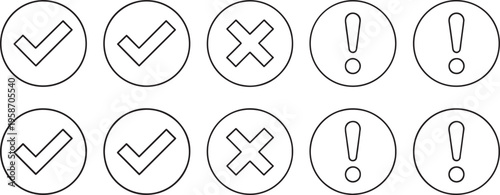 Black and white line of checkmarks and exclamation marks line black and white signs symbols