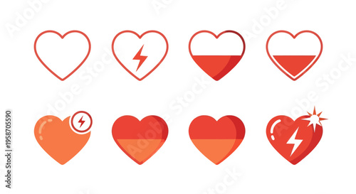 Heart Icons Set: Energy, Love, Health Meter, and Status Indicators