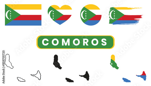 Set of comoros flags in various styles with country name and brush strokesSet of comoros flags in various styles with country name and brush strokes