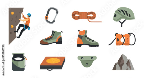 Rock Climbing Gear and Equipment Collection - Vector Icons Set