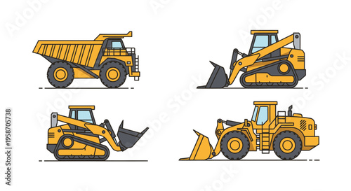 Set of Yellow Construction Vehicles: Dump Truck, Wheel Loader, Skid Steer, Bulldozer