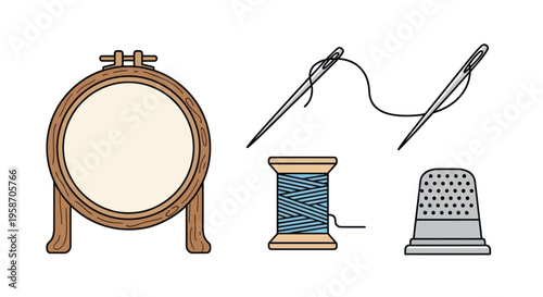 Embroidery Hoop, Needle, Thread Spool, and Thimble - Sewing Craft Tools Illustration