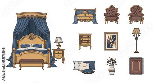 Luxury Bedroom Furniture Set: Canopy Bed, Armchairs, Dresser, Nightstand, Lamp, Art