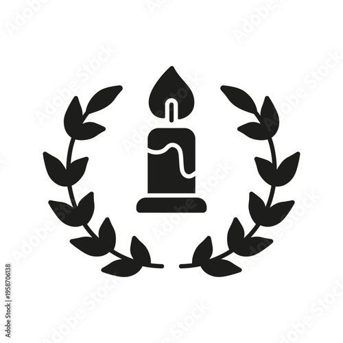 Candle With Laurel Wreath Solid Icon. Peace, Remembrance, And Honor Silhouette Symbol. Memorial And Tribute Representation. Isolated Vector Illustration