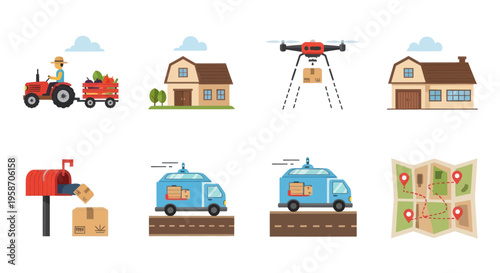 Farm to Door Delivery: Tractor, Drone, Van, Mailbox, Map Icons