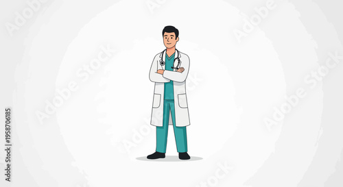 Male Doctor Standing Confidently with Arms Crossed, Medical Professional Illustration