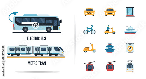 Modern Electric Public Transport Icons: Bus, Metro, Tram, Scooter, Taxi
