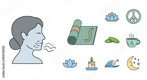 Woman Breathing Deeply with Yoga and Meditation Icons