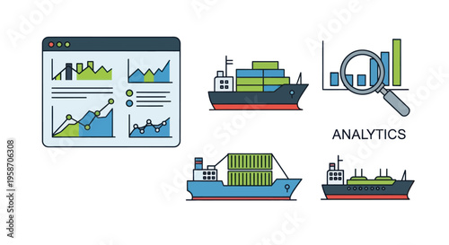 Shipping Analytics: Data Charts, Cargo Ships, and Magnifying Glass