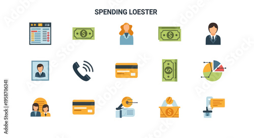 Financial Icons Set: Money, Credit Cards, People, Phone, Graphs, and Charts