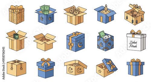 Islamic Gift Boxes with Ramadan and Eid Symbols, Money, and Charity
