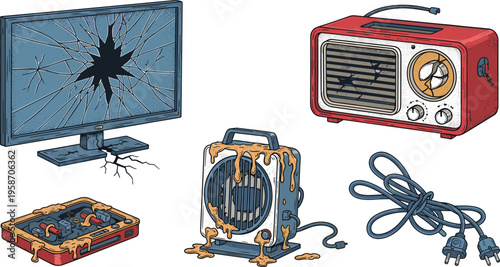 Broken and Malfunctioning Home Electronics Vector Set Featuring Shattered Monitor Vintage Radio with Liquid Damage and Melting Space Heater for E-waste and Repair Graphic Designs