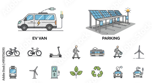 Electric Vehicle Icons: Van, Parking, Bikes, Scooter, Tram, Wind Turbine, Charging