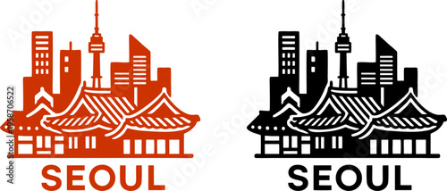 Seoul City Skyline and Korean Traditional Palace Illustration