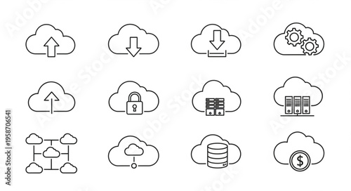 Cloud computing icons representing various aspects of data storage and processing.