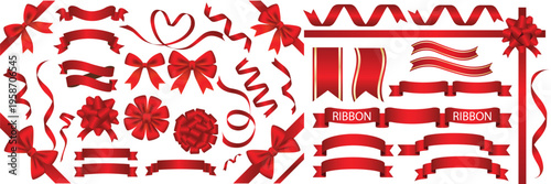 Set of red ribbon bows. Set of ribbons for design. Bright flat style vector illustration. Ideal for gift wrapping designs, festive decor, greeting cards, stickers, packaging, and craft projects