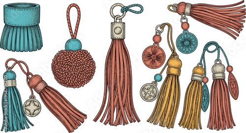 Decorative Fashion Tassels and Pom Pom Bag Charms Vector Illustration Set Featuring Colorful Silk Fringe and Keychain Hardware Isolated on White Background