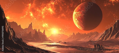 Alien landscape with a large planet and a group of people standing on the ground at sunset