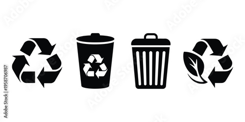 Recycling symbol and eco icons set, collection of icons including circular arrows, trash bins, leaves, and sprouts representing recycling, eco-friendly practices, waste reduction and environmental