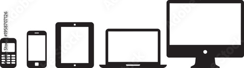 Black silhouettes of electronic devices computer monitor