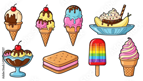 Colorful ice cream cones and treats collection illustration isolated