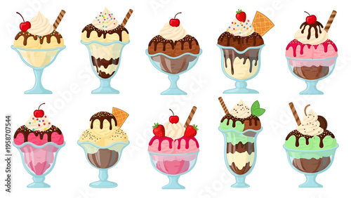 Colorful ice cream sundae collection in glass cups desserts vector illustration
