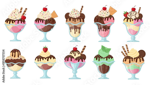 Colorful ice cream sundaes assortment with various toppings isolated design
