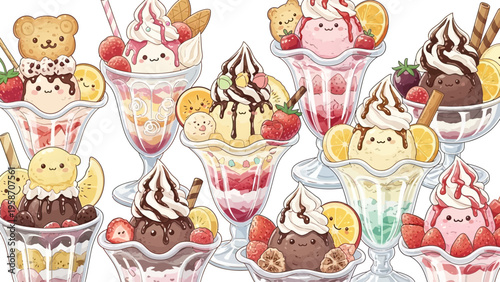 Colorful ice cream sundaes illustration for dessert shop or restaurant design