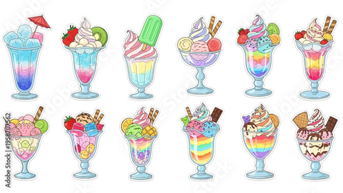 Colorful ice cream sundaes illustration variety assorted desserts design