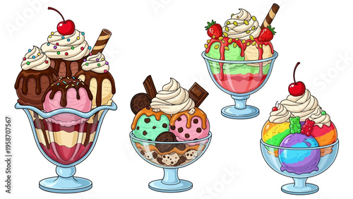 Colorful ice cream sundaes with whipped cream and cherries in glass bowls