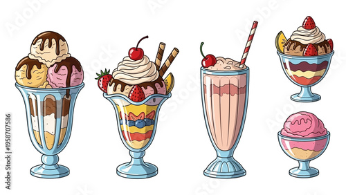 Colorful ice cream treats assortment illustration for dessert menu or design