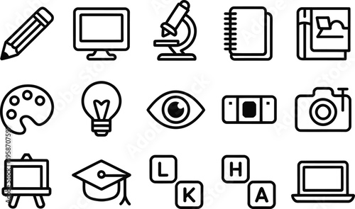 Creative icons for education and science: pencil, computer, microscope, notebook, book, palette, lightbulb, eye, camera, laptop, cap, easel