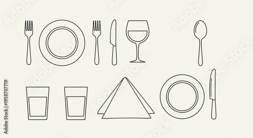 Elegant outline vector icons of dining tableware, cutlery, glasses, and napkin. Restaurant and kitchen dinnerware set graphic.