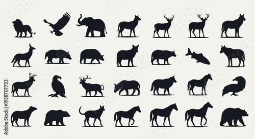 Black Silhouettes Collection of Wild Animals: Elephant, Lion, Deer, Bear, Eagle, Wolf, Horse, Shark - Vector Icons Set