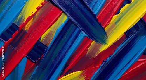 Vibrant abstract paint strokes texture background with red, blue, and yellow acrylic colors. Artistic brushwork pattern for creative designs.