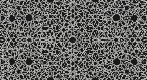 Intricate abstract tangled geometric lines pattern on black background, modern digital graphic design texture