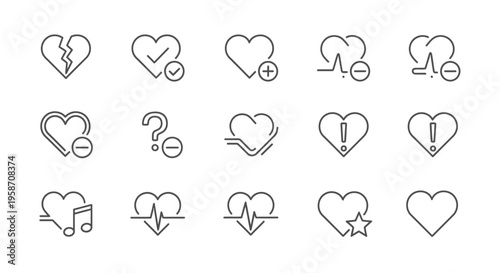 Outline Heart Icons Set: Linear Symbols for Health, Love, Favorites, UI. Vector Collection with EKG, Broken, Add, Remove Signs.
