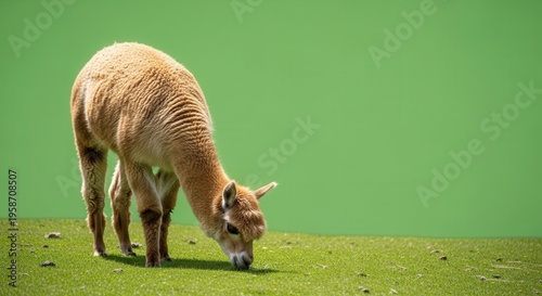Serene Alpaca Grazing on Green Meadow Under Clear Sky