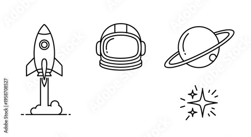 Outline vector icons of space exploration: rocket launch, astronaut helmet, planet, and stars. Science & technology concept.